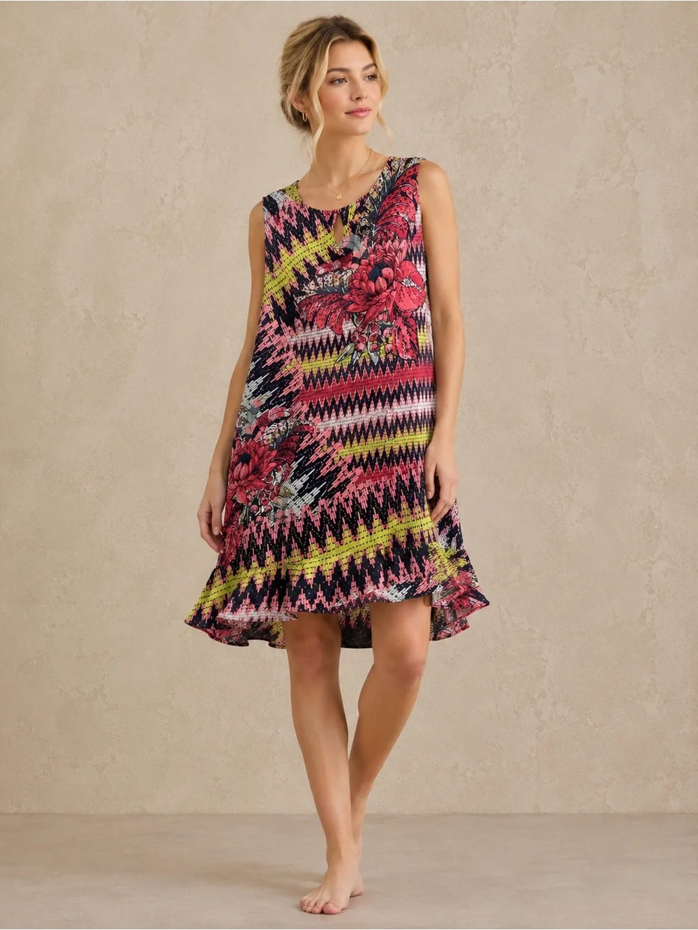 French Connection Coral, Black & Yellow Floral Zigzag Mini Dress - Picture 4 of 4
